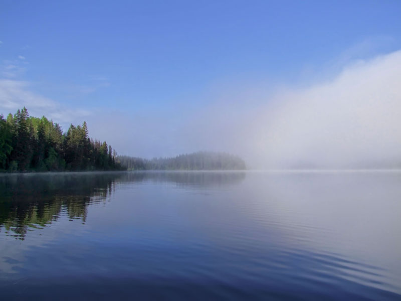 Fog lifting over Drewry Lake, South Cariboo, BC